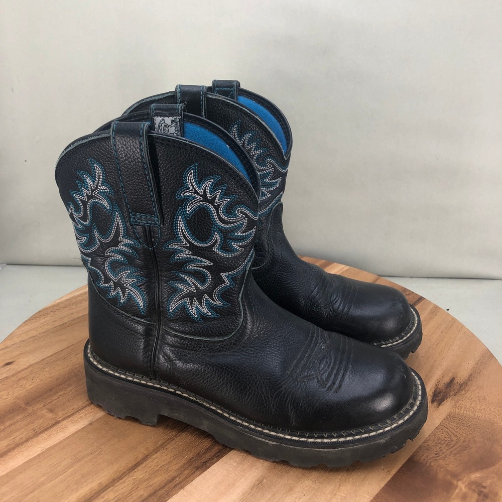 Ariat Fatbaby Heritage Western Boots Black Leather Blue Embroidered Size 6.5 B